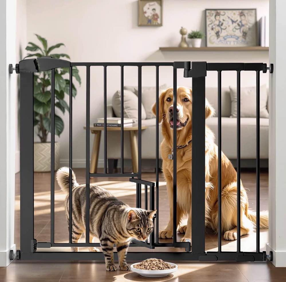 kingso extra tall 30" wide 29.5”- 40.5" auto close baby gate with swing door small pet door for cat dog doorway stairs, black