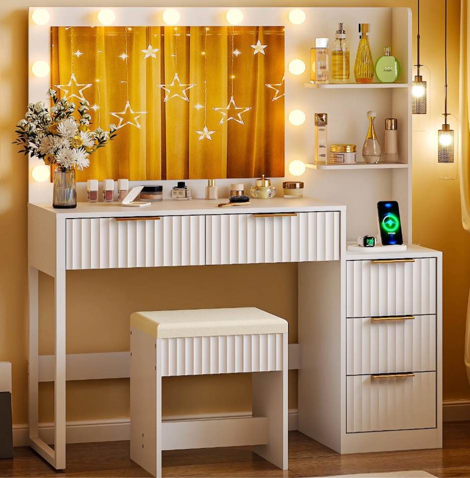 ktaxon flutted makeup vanity table set with 5 drawer, dressing table w/charging station, vanity desk for femal gift, white