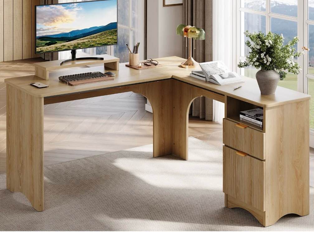 bestier l shaped desk with drawers, 55.7" x 55" office computer desk with round corners, monitor stand & fluted panels, natural oak