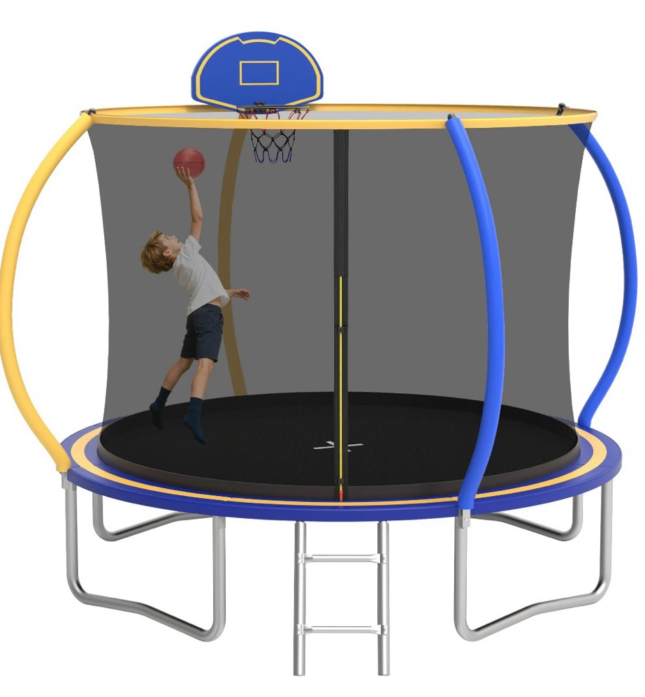 10 ft trampoline for kids with basketball hoop, segmart upgraded kids outdoor trampoline with enclosure net and ladder, heavy duty round recreational trampoline for indoor outdoor backyard