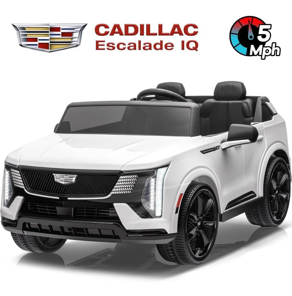 24v 2 seater ride on cars, licensed cadillac escalade iq powered ride on toys truck with remote control, 4 wheels spring suspension, led light, electric cars for kids ages 3-8 gifts, white