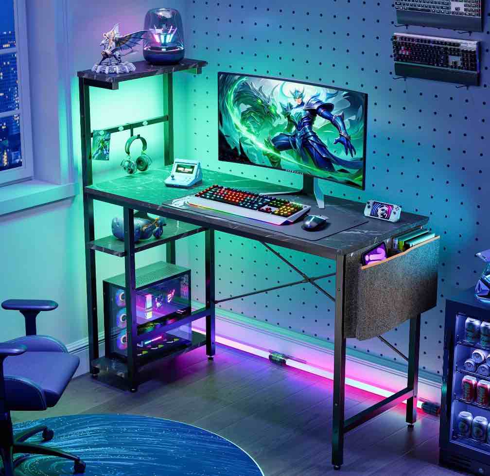 bestier reversible 44 inch computer desk with led lights gaming desk with 4 tier shelves black marble