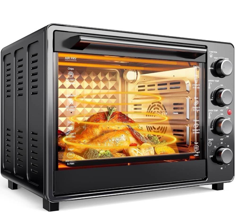 34 qt super-large  air fryer, oil-less air fryer toaster oven combo with pizza, warm, broil, toast, bake, air fry, 5  functions - black