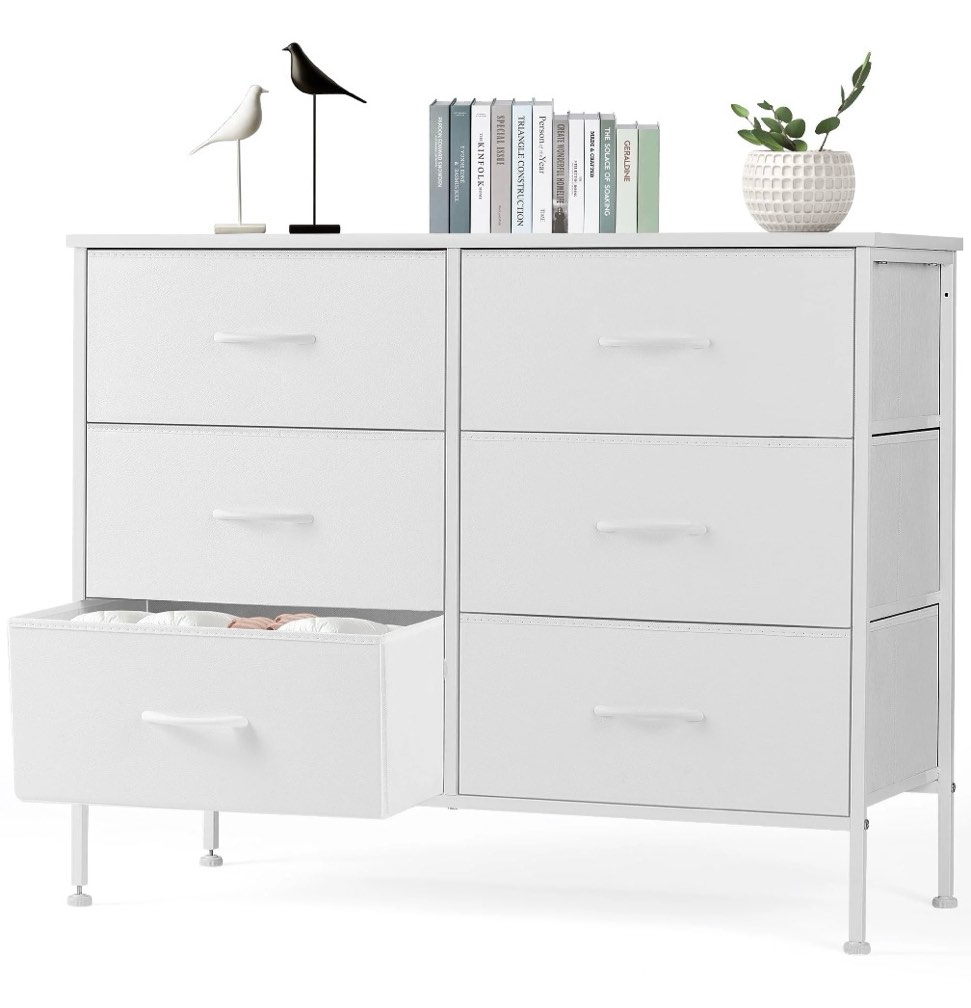 EDX 6 Drawer Dresser, Wide Chest of Drawers Nightstand Storage Tower Storage Fabric Dresser with Wood Top for Living Room, Bedroom, Hallway, White