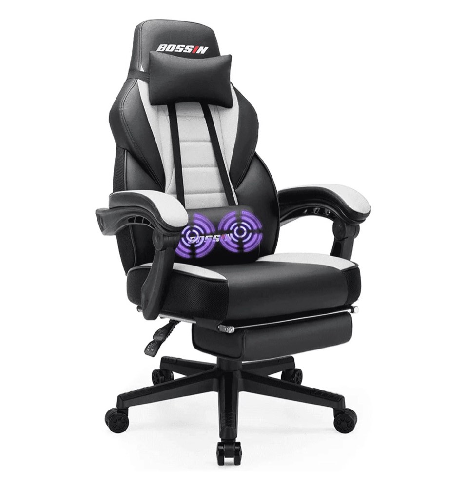 Bossin Gaming Chairs with Footrest, Massage Leather Game Chair for Adults, Big and Tall Gamer Chair with Headrest and Lumbar Support