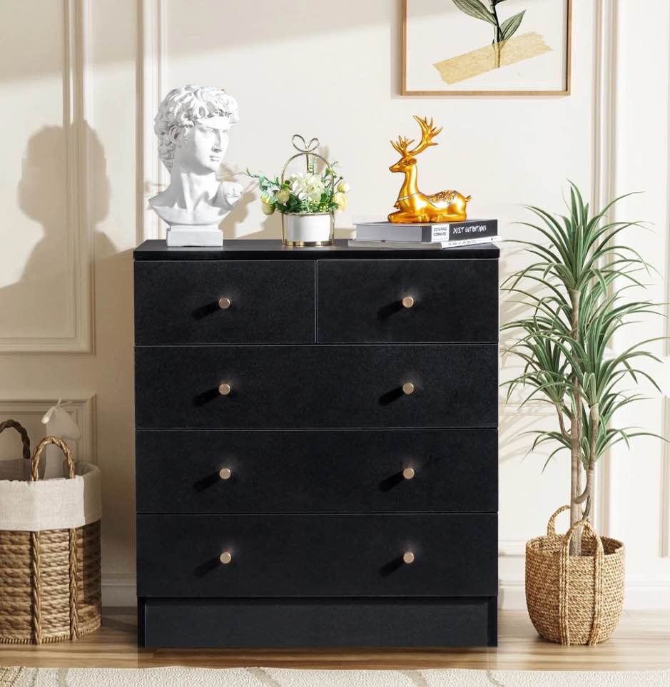 UBesGoo 5 Drawer Wood Dresser for Bedroom, Chest of Drawers, Storage Organization Unit for Clothing, Black
