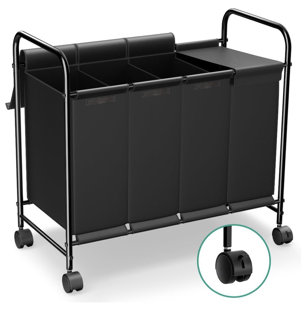 Nefoso 4 Section Laundry Hamper with Lid and Wheels, 200L Large Laundry Basket Sorter Cart with Handle, Clothes Storage, Black
