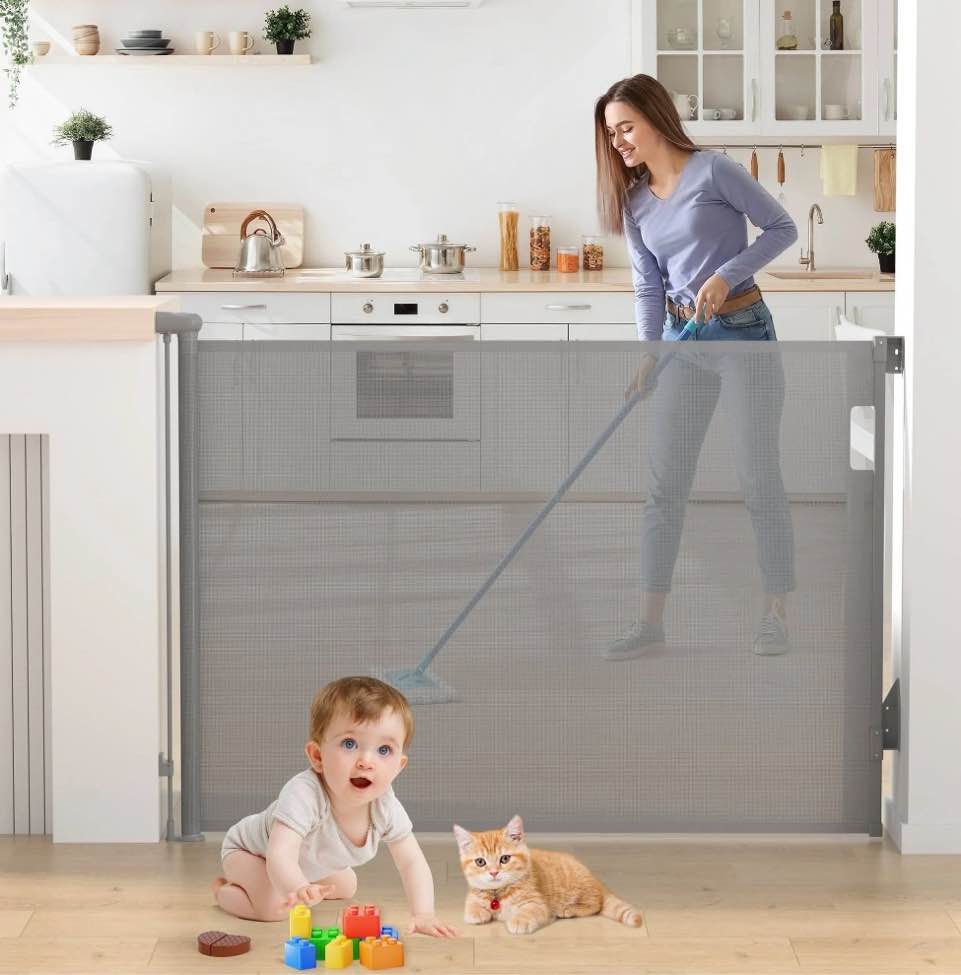 vomeast retractable gates,extends up to 55in wide,37.4in tall baby safety gates dog gate for doorways stairs(grey)