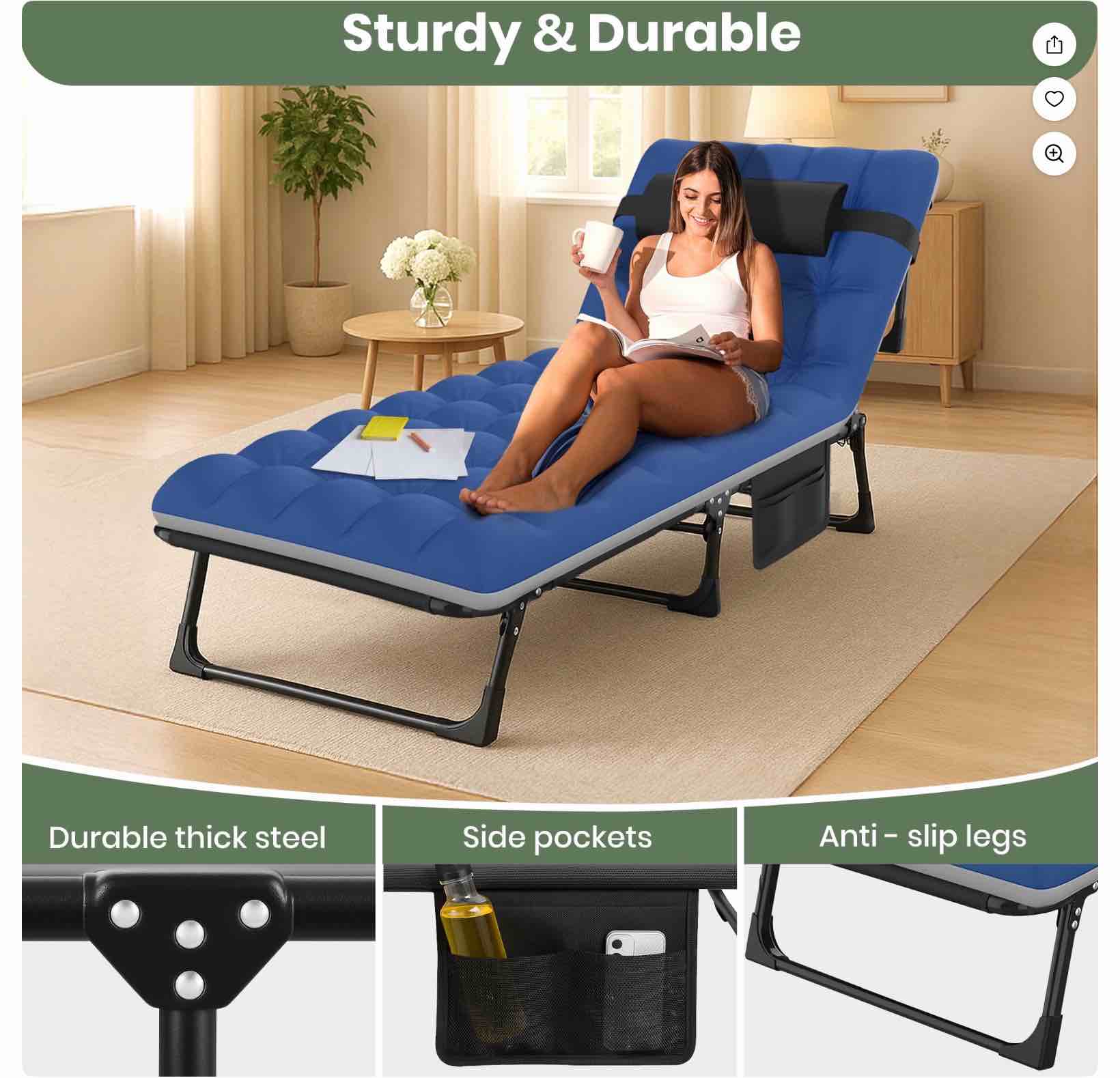 Condition photo showing New/Like New for GVDV Portable Folding Camping Cot with Mattress, 29" Wide Multi-Position Folding Chaise Lounge Chair, Oversized Folding Bed Sleep Cot for Outdoor, Home, Office