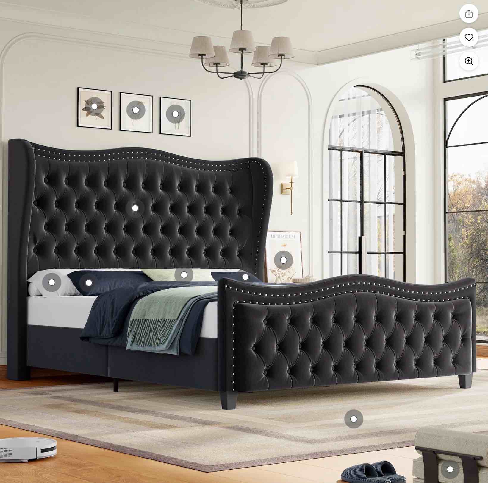 Condition photo showing New/Like New for Homfa Queen Size Upholstered Bed, Modern Velvet Tufted Platform Bed with Wingback Headboard, Black