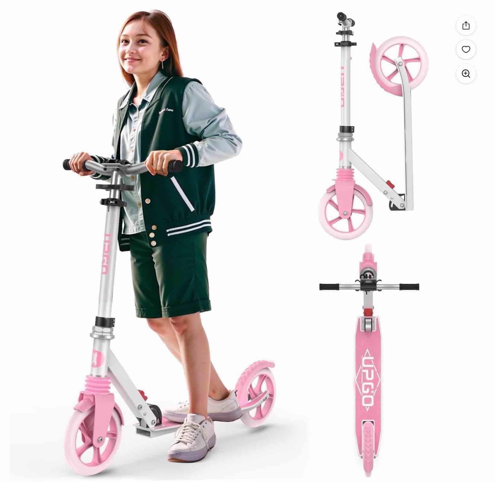 UPGO Kick Scooter for Ages 6+, Kids, Teens & Adults, 240 lb Max Load, Foldable, 8-Inch Wheels, Pink