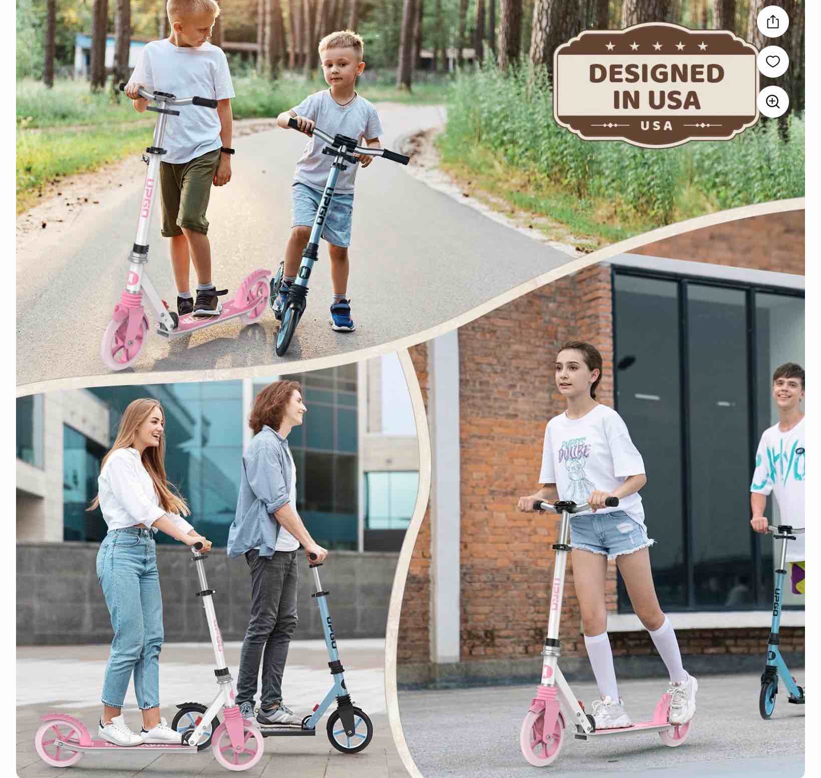 Condition photo showing New/Like New for UPGO Kick Scooter for Ages 6+, Kids, Teens & Adults, 240 lb Max Load, Foldable, 8-Inch Wheels, Pink