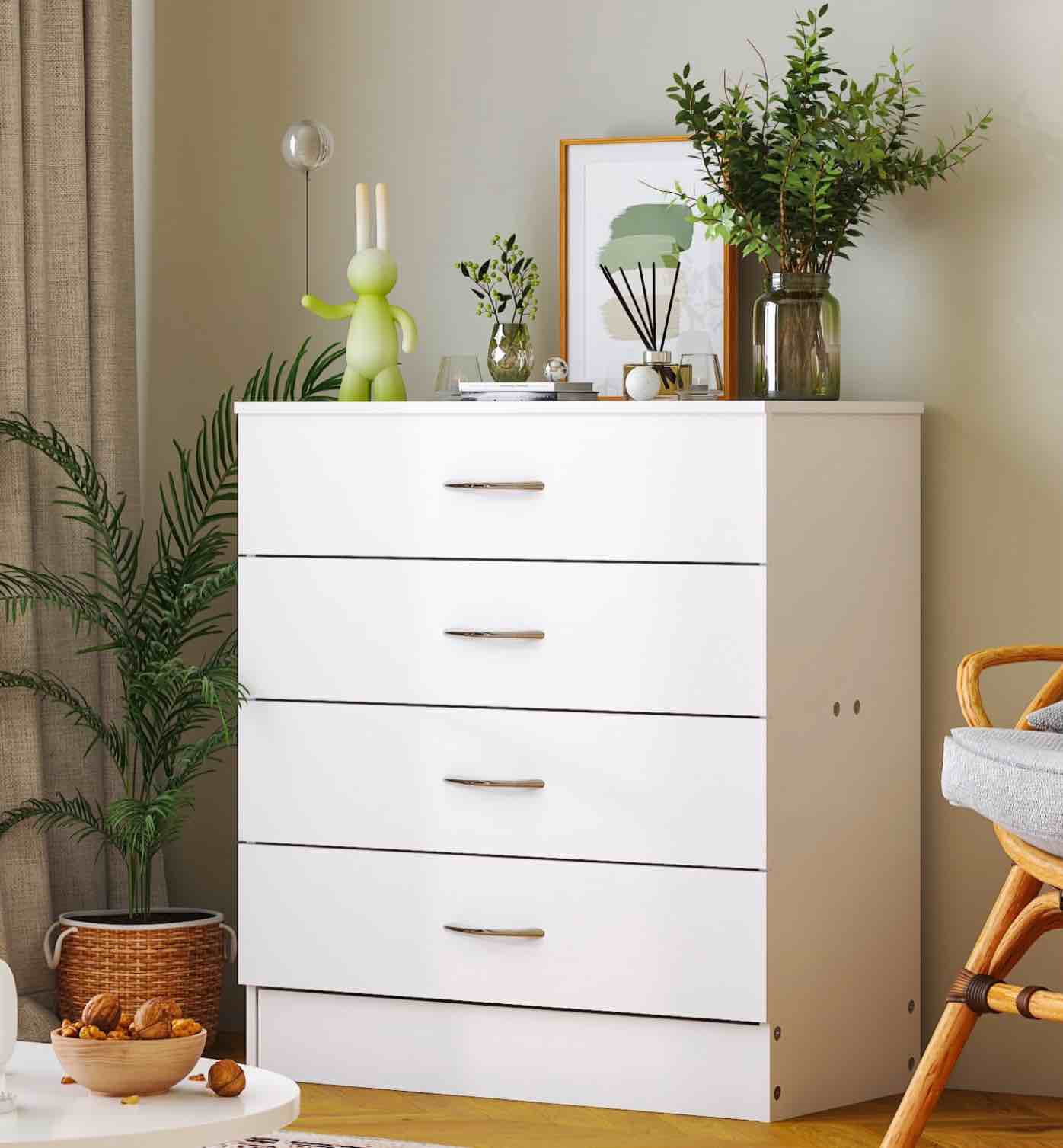 Condition photo showing New/Like New for Ktaxon 4 Drawer Dresser Wide Chest of 4 Drawers Storage Cabinet, White Dresser for Bedroom, Living Room, Hallway