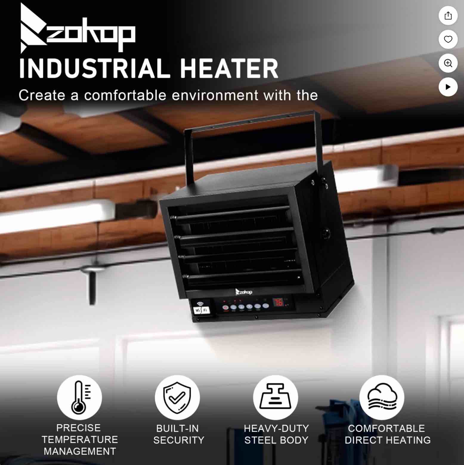 Condition photo showing New/Like New for Ktaxon WiFi Smart Electric Garage Heater  7500W Ceiling Mount Space Heater  240-Volt Hard-Wired Heater Fan-Forced Shop Heater with Digital Thermostat  12H Timer  Remote Control  Black