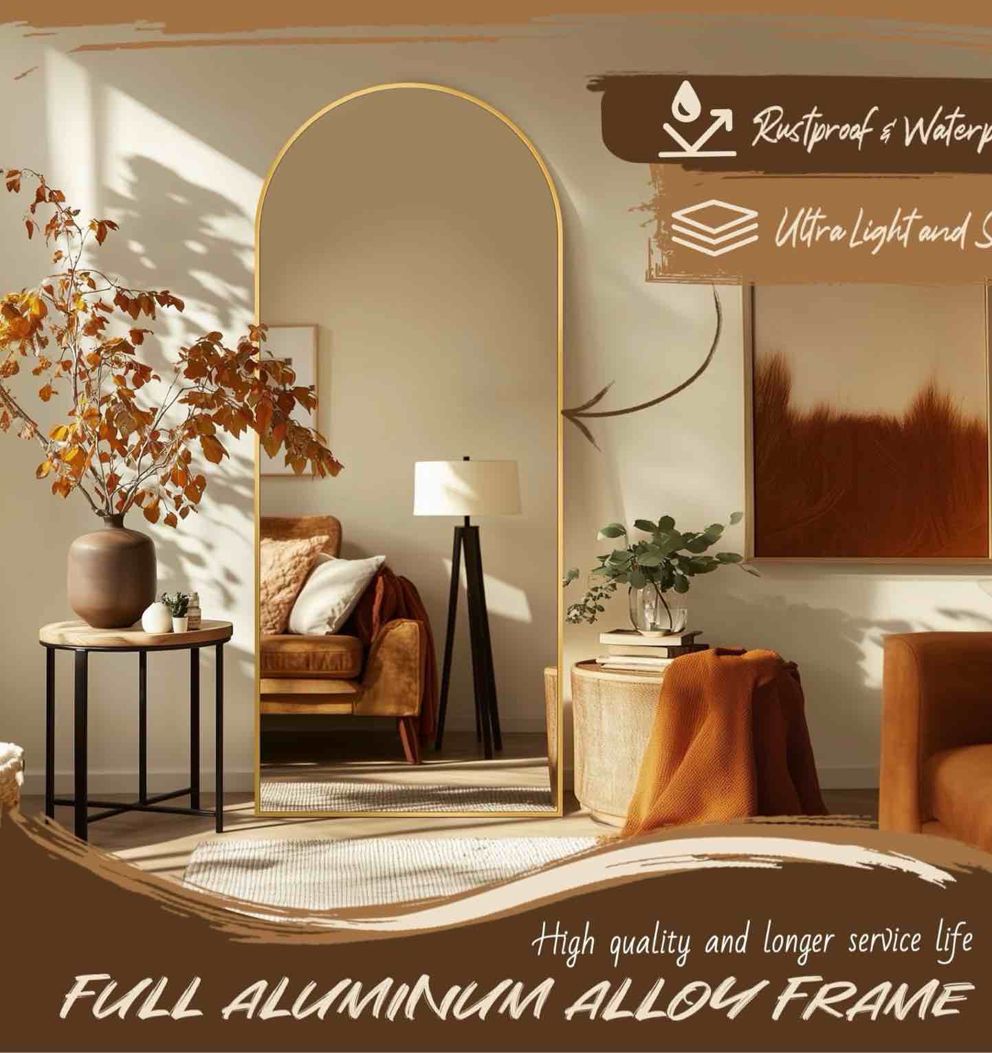 Condition photo showing New/Like New for Antok 58.2 x 18  Arched Full Length Mirror Standing Floor Mirror Stand Up Mirror  Gold Frame