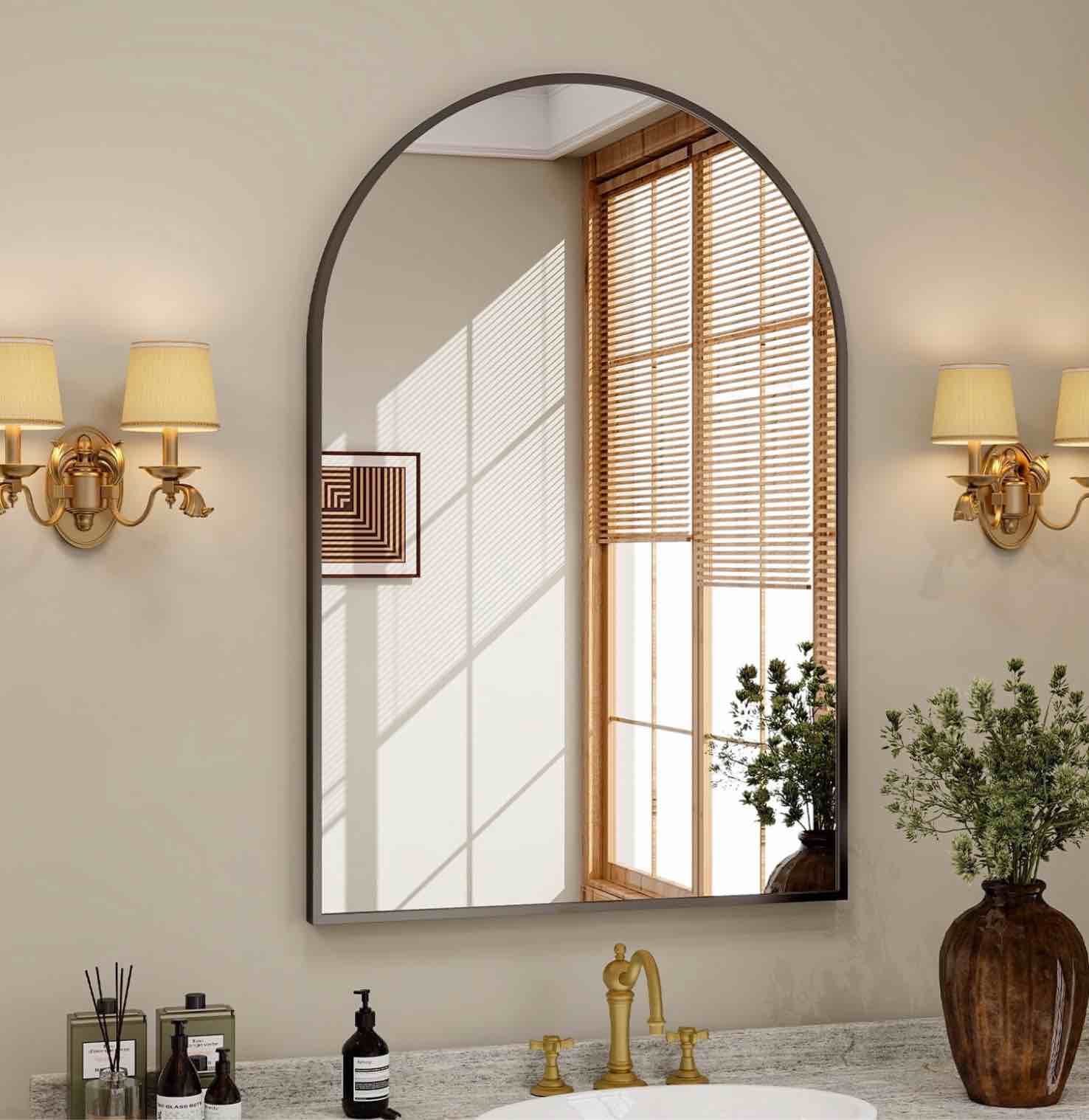 Condition photo showing Good Condition for BEAUTYPEAK 24 x 36  Bathroom Mirror Wall Vanity Arched Mirror  Black