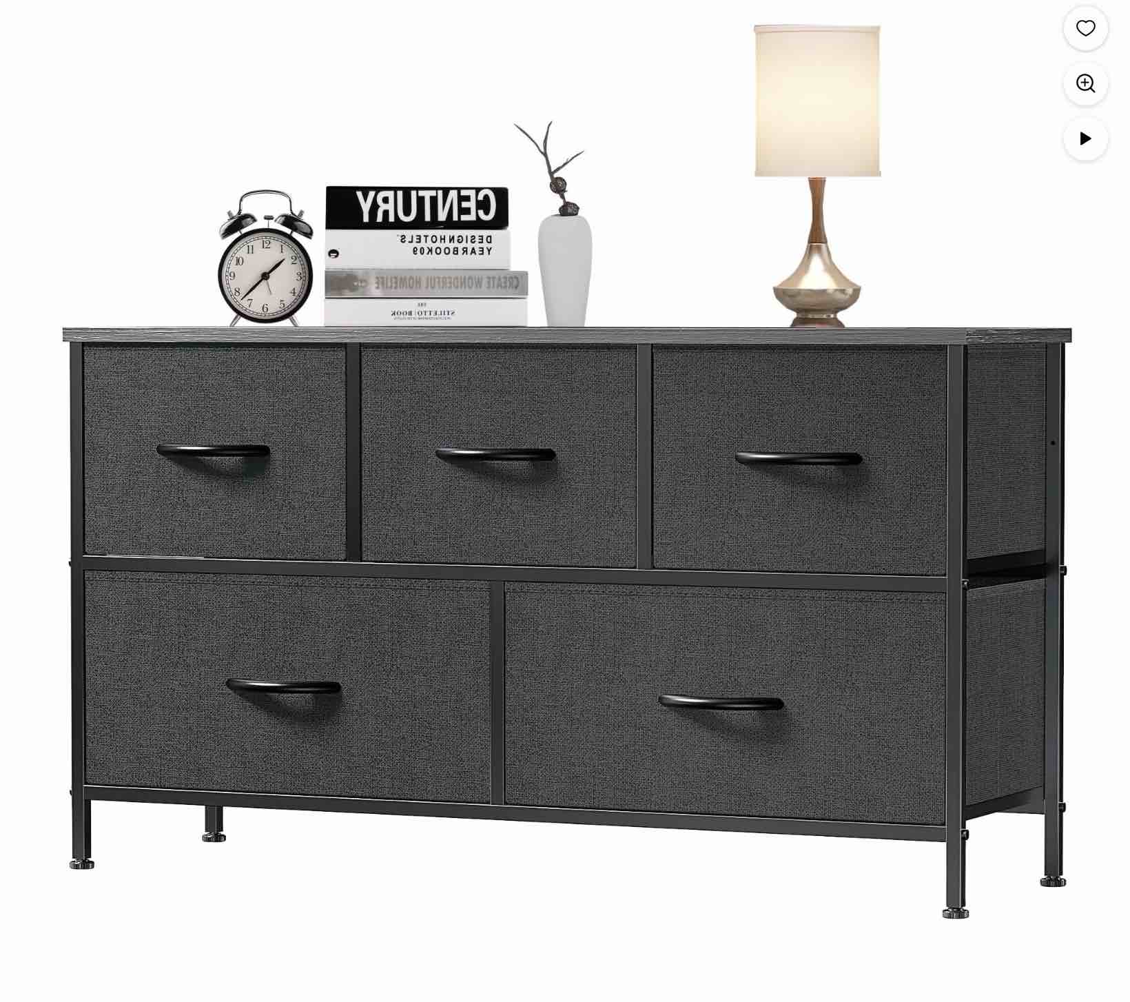 edx 5 drawer dresser, wide chest of drawers nightstand storage tower storage fabric dresser with wood top for living room, bedroom, hallway,black