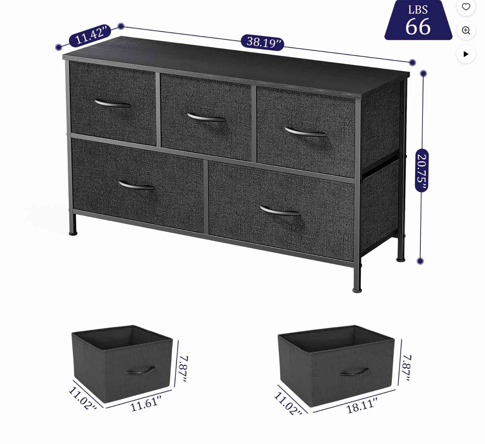 Condition photo showing Good Condition for EDX 5 Drawer Dresser, Wide Chest of Drawers Nightstand Storage Tower Storage Fabric Dresser with Wood Top for Living Room, Bedroom, Hallway,Black