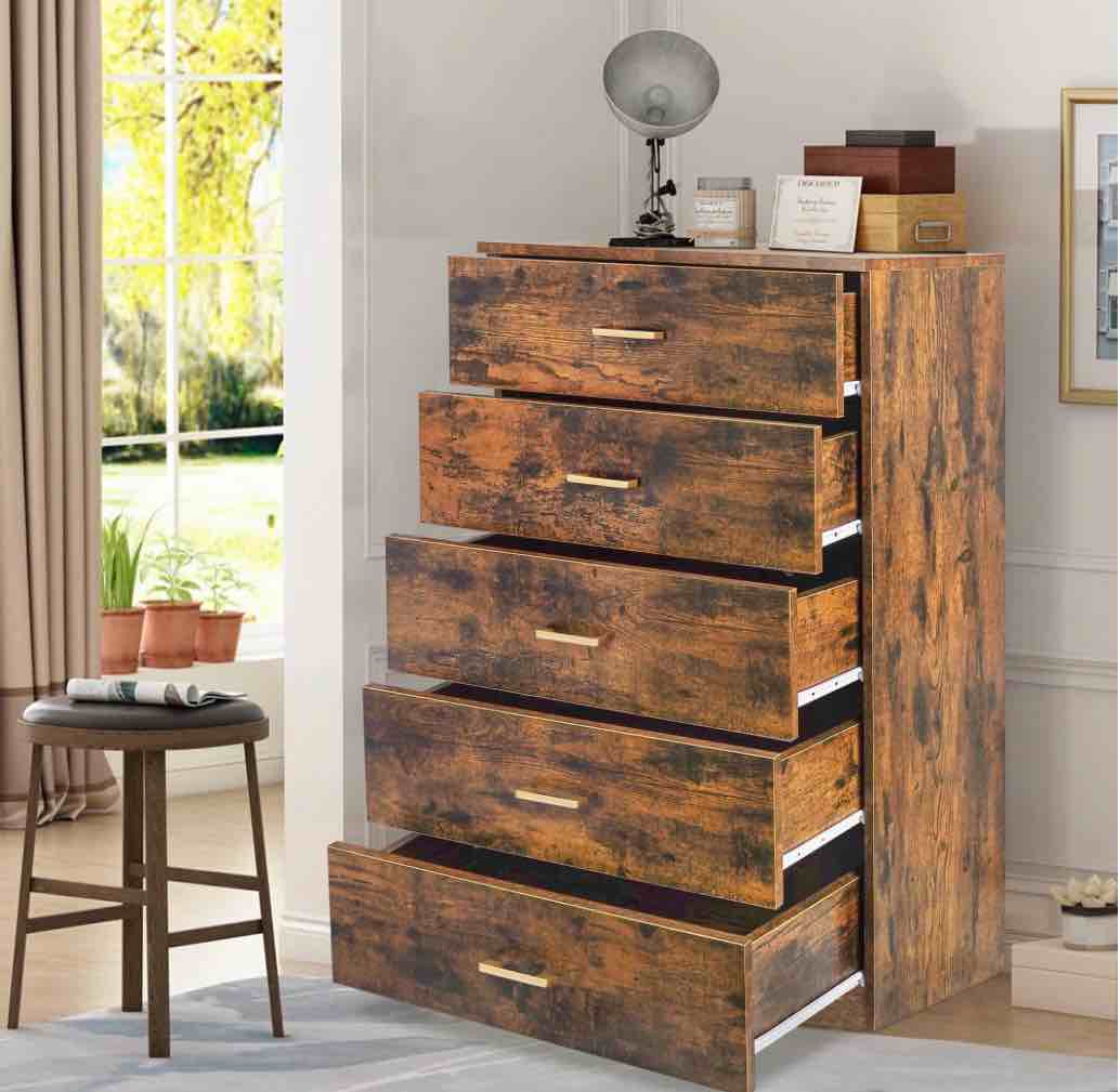 Condition photo showing As Is for Uhomepro Rustic Brown 5 Drawer Dresser Chest of Drawers for Bedroom
