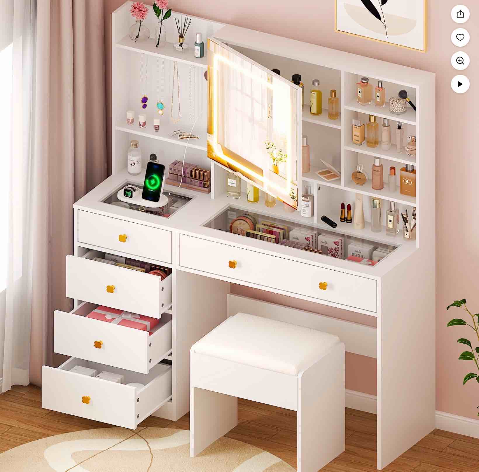 Condition photo showing Good Condition for Ktaxon Large 47.2  Makeup Vanity with 3 Color Lights  Vanity Desk with USB Charging Station  Vanity Makeup Table with Visible Drawers  Hidden and Open Storage Shelves  White