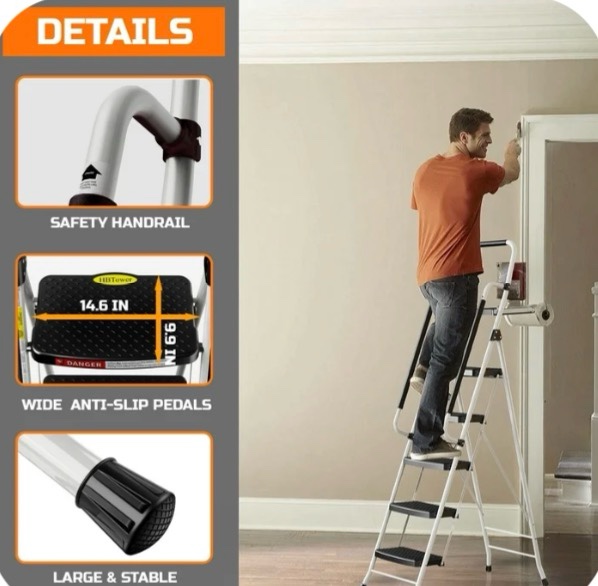 Condition photo showing New/Like New for HBTower Folding 5-Step Ladder  330lbs  with Handrails and Tool Tray and Anti-Slip Pedal  White