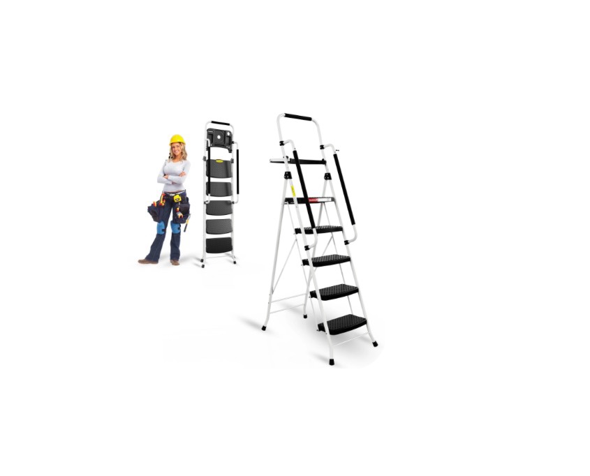 HBTower Folding 5-Step Ladder  330lbs  with Handrails and Tool Tray and Anti-Slip Pedal  White