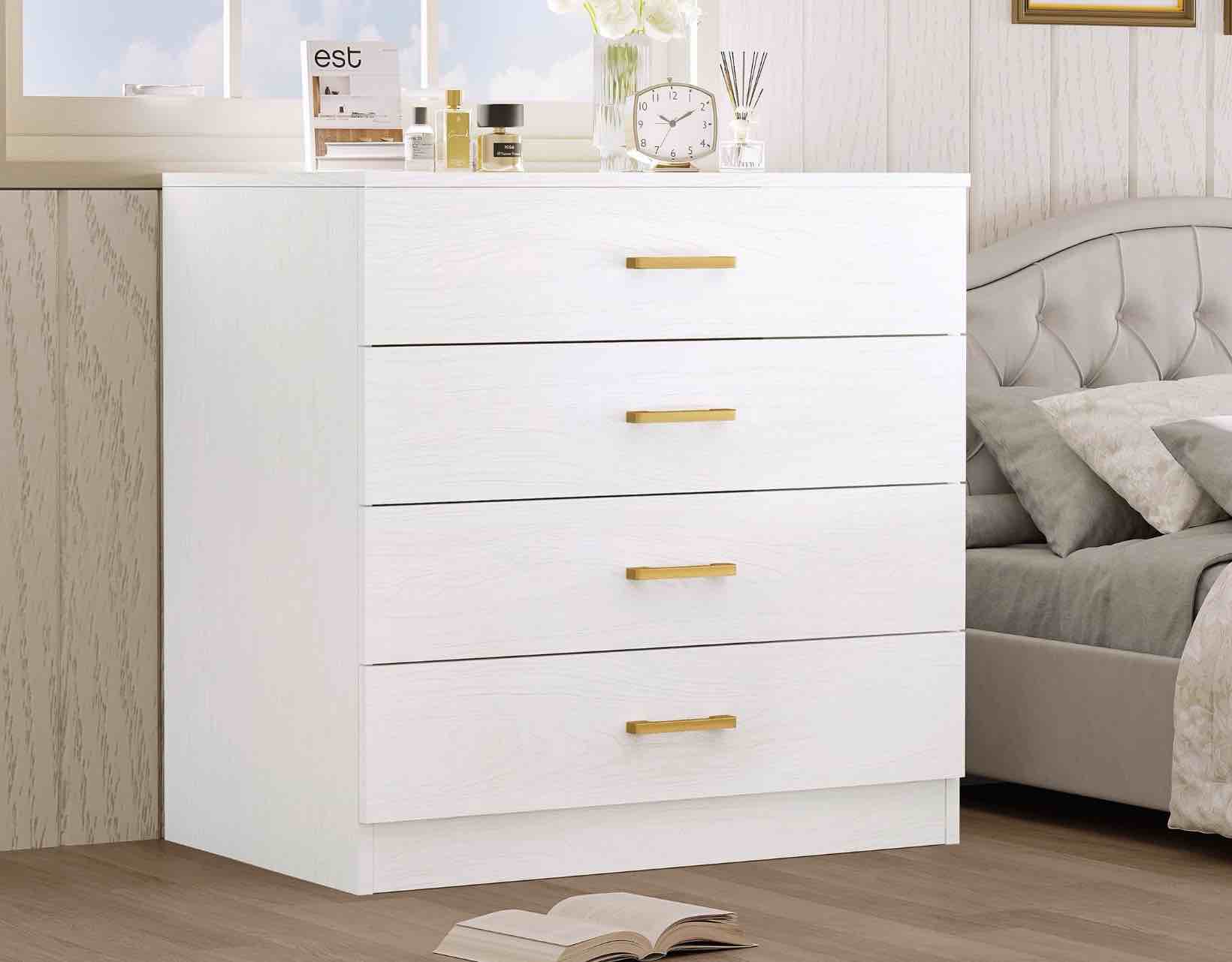 Condition photo showing As Is for White 4-Drawer Wood Dressers for Bedroom