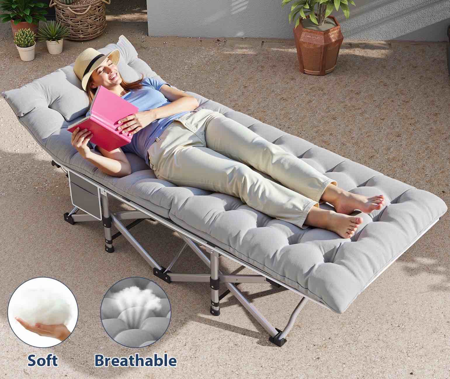 Condition photo showing As Is for Furnibear 2 Pack Camping Cot with Mattress, Heavy Duty Folding Cot Bed for Adults, Portable Sleeping Cot for Camping Travel Outdoor Tent and Home Guest, Blue and Gray