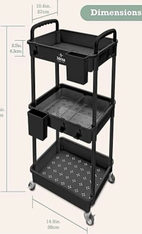 Condition photo showing As Is for INSPIRED LIVING 3-TIER PLASTIC ROLLING UTILITY CART WITH HANDLE, LOCKABLE CASTER WHEELS 