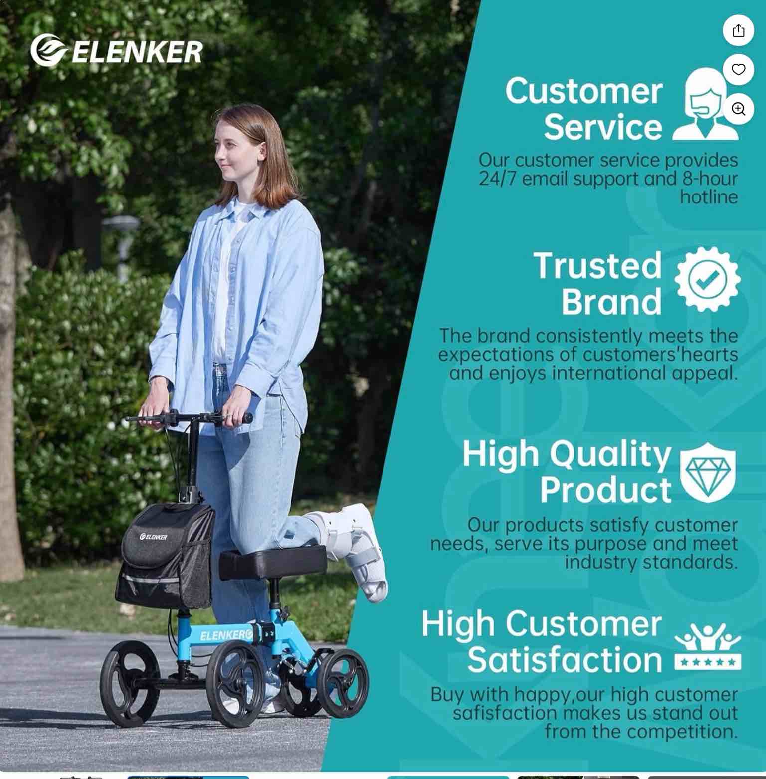 Condition photo showing Good Condition for ELENKER Folding Knee Scooter, Deluxe 10" Front Wheels Medical  Knee Walker for Foot Injuries Surgery Crutches Alternative Blue