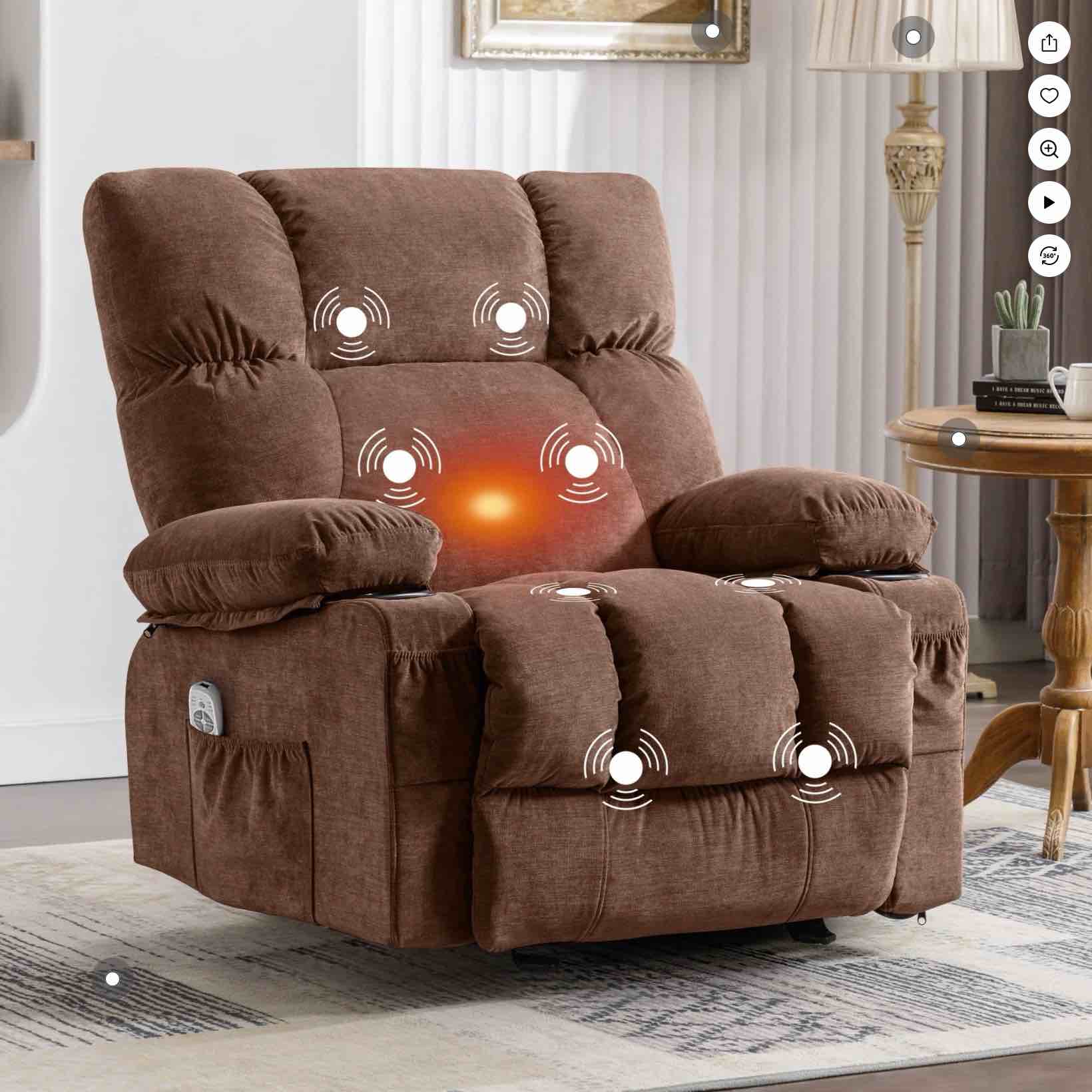 JONPONY Manual Recliner Chair with Heat Therapy and Massage Function, Heavy Duty Reclining Mechanism Massage Chair, Elderly Single Rocker Sofa with Cup Holders for Bedroom Home Theater,Brown