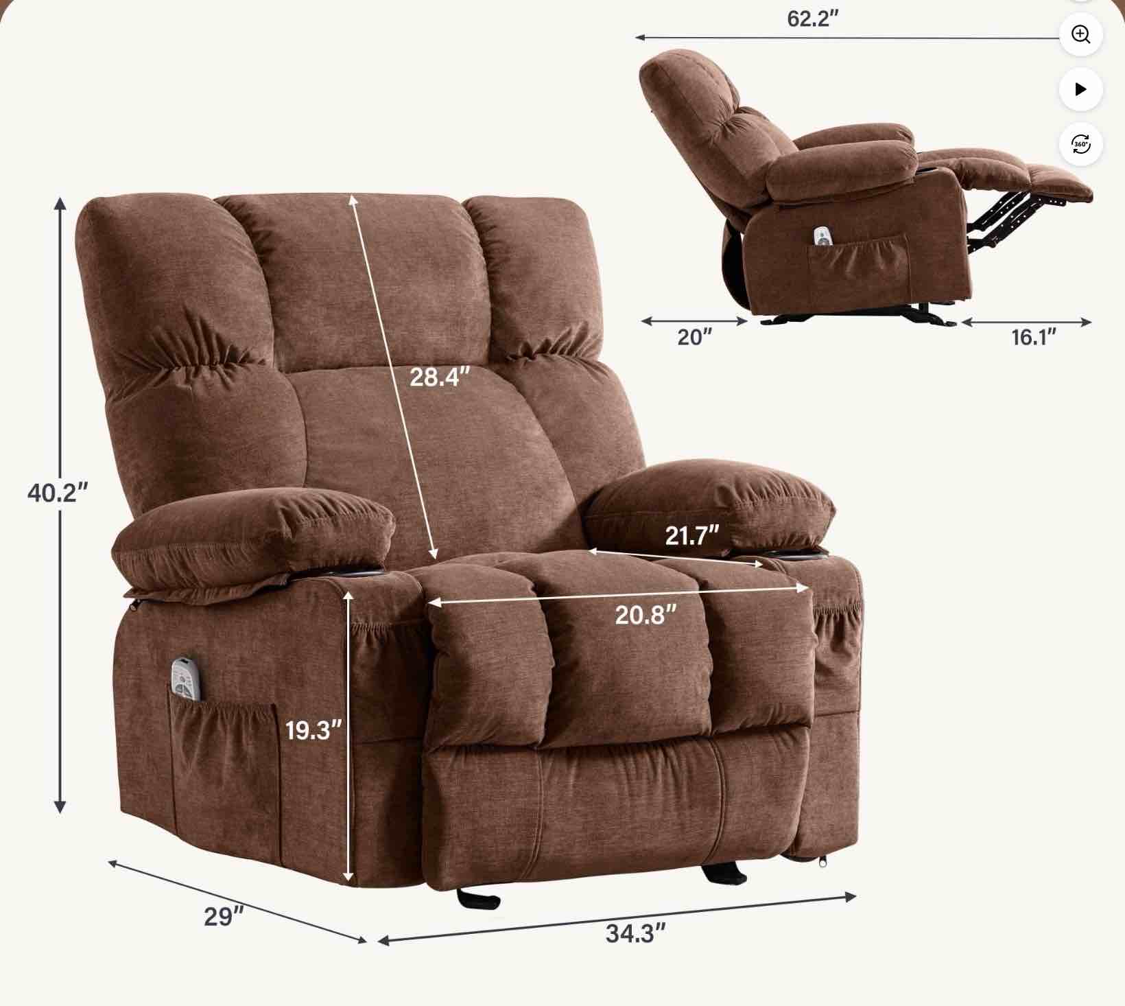 Condition photo showing Good Condition for JONPONY Manual Recliner Chair with Heat Therapy and Massage Function, Heavy Duty Reclining Mechanism Massage Chair, Elderly Single Rocker Sofa with Cup Holders for Bedroom Home Theater,Brown