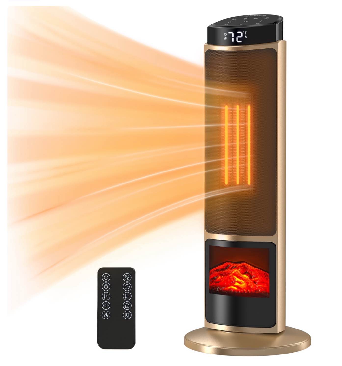 concetta tower space heater with fireplace effect – oscillating function, remote control, 1500w heating,gold
