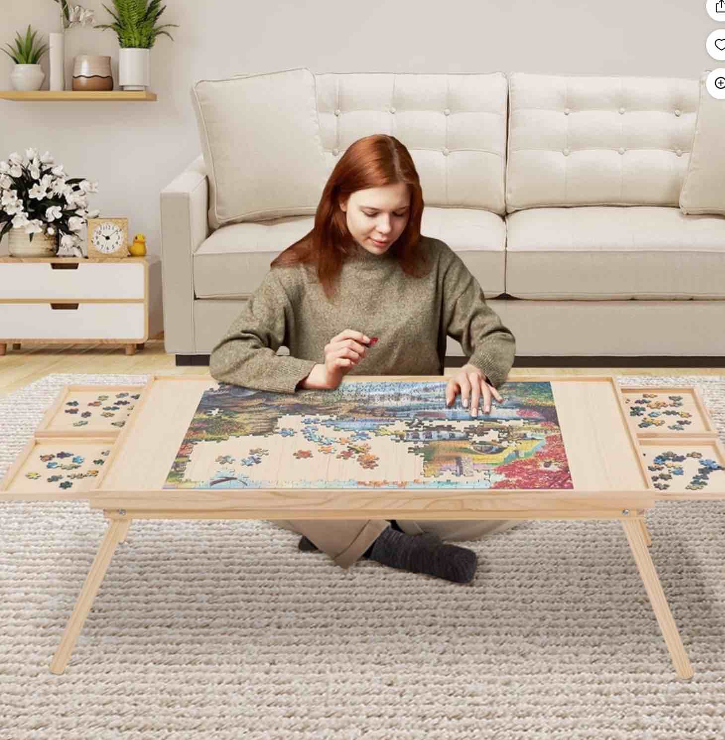 2000 piece portable puzzle board with folding legs,41" x 28" wooden jigsaw puzzle table with 4 drawers & cover, family multifunctional folding table for adults