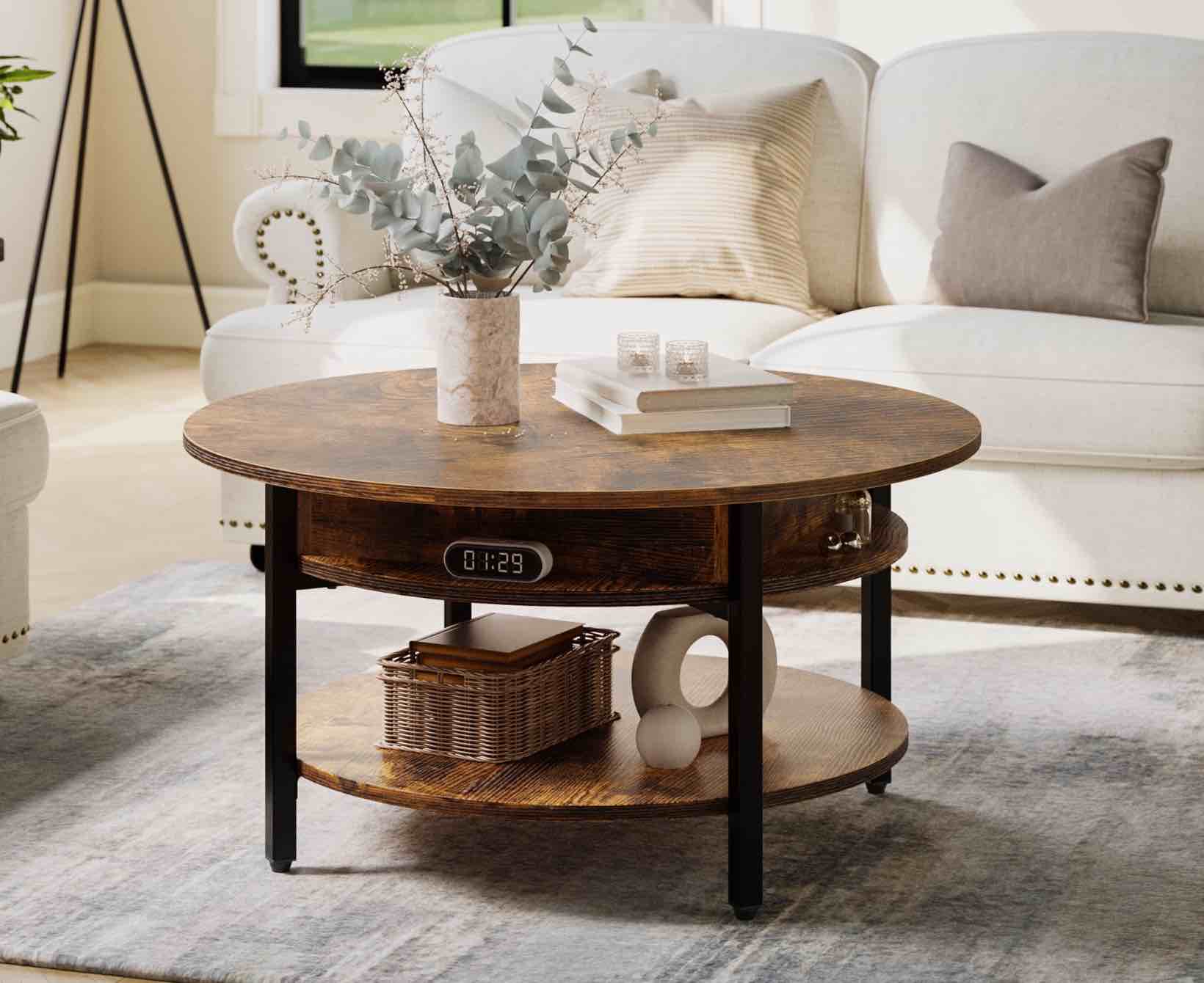 gunaito round lift top small coffee table with storage modern farmhouse center table with shelf 2 tier circle table for living room rustic brown