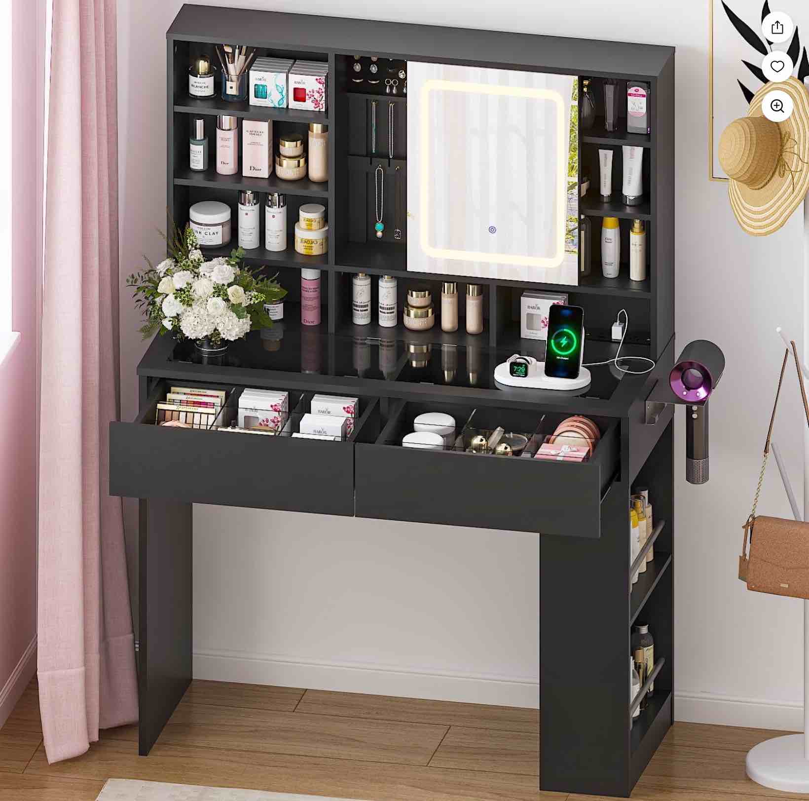 ktaxon makeup vanity w/ visible glass top, get ready with me vanity with mirror, led sliding mirror,black