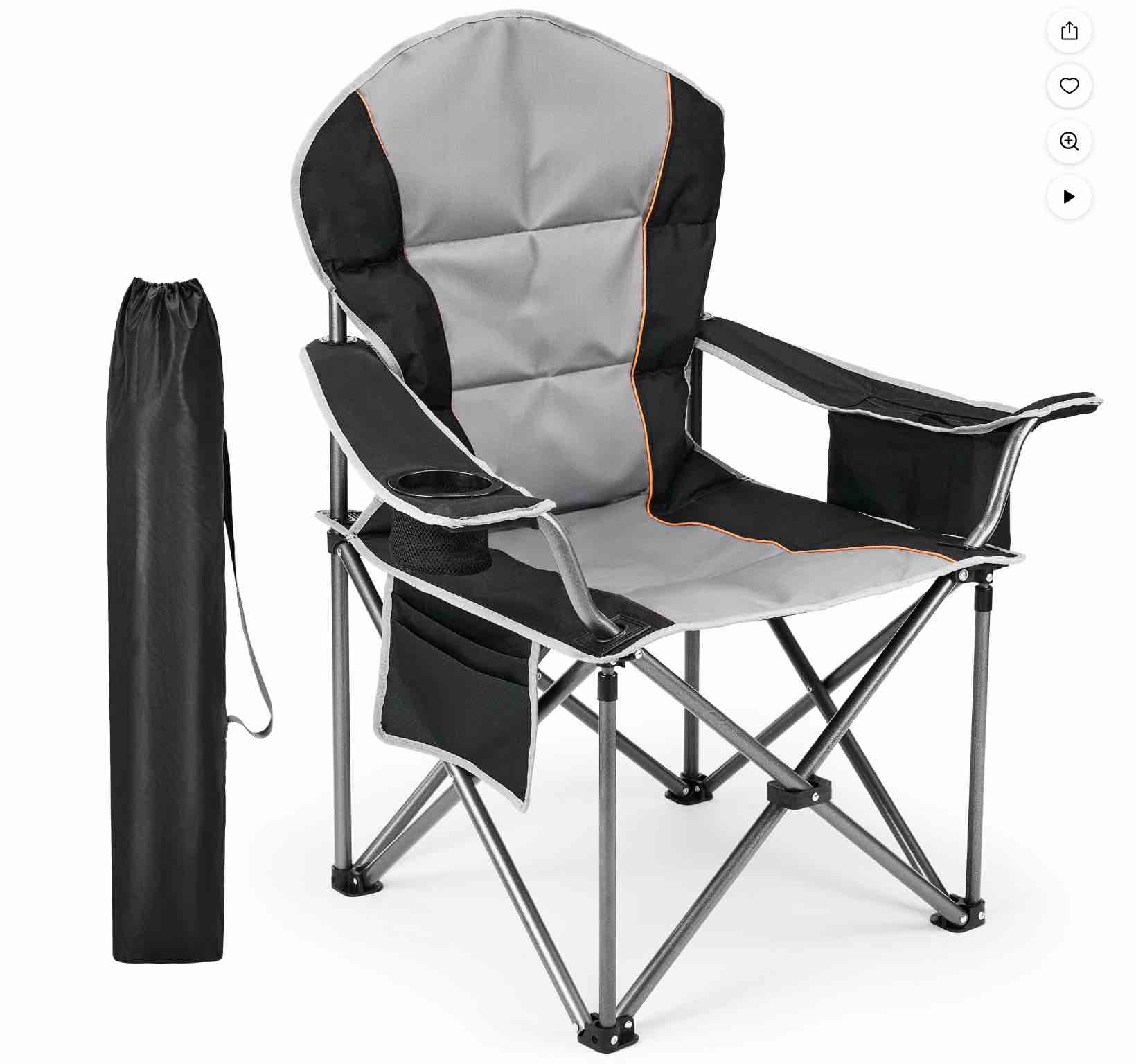 edx oversized camping folding chair, heavy duty padded chair with cup holder storage and cooler bag, 5000 lbs steel frame, portable for outdoor,black gray