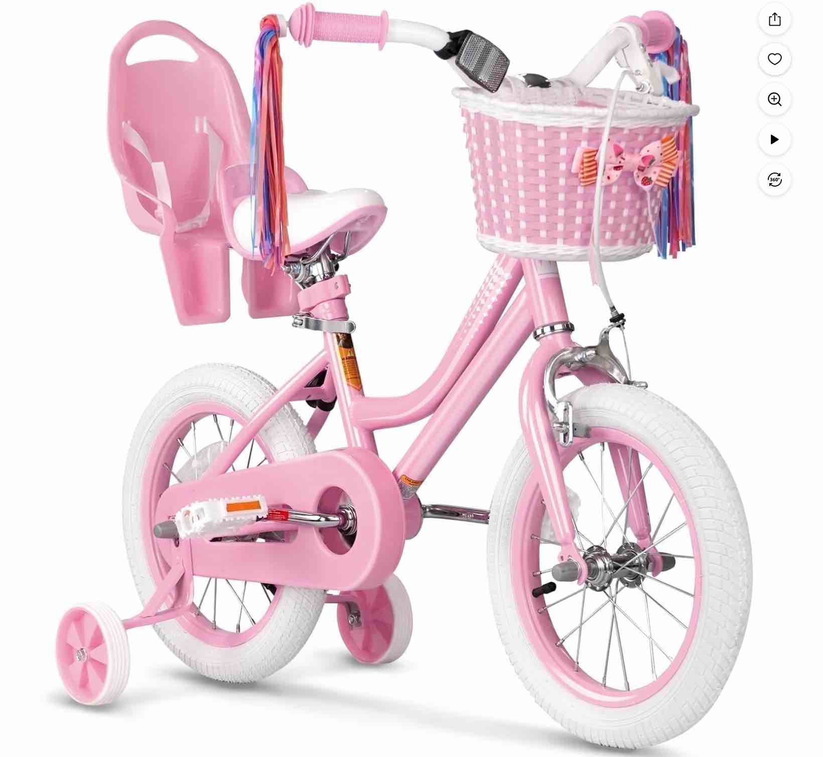 xjd girls bike for toddlers 3-9 years old kids, 14 inch kids bike with training wheels, streamers, basket and doll seat, children bicycles with handbrake