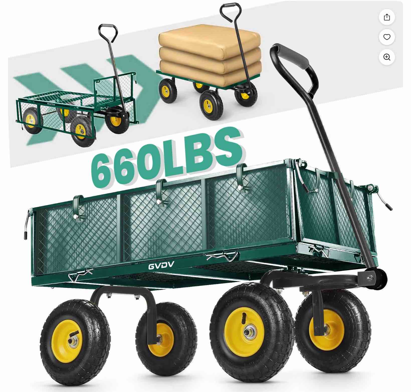 gvdv heavy duty steel garden cart with liner, 660lbs capacity, 3 cu ft, 10" all-terrain wheels, black/green – durable utility cart for yard work, hauling, and outdoor use