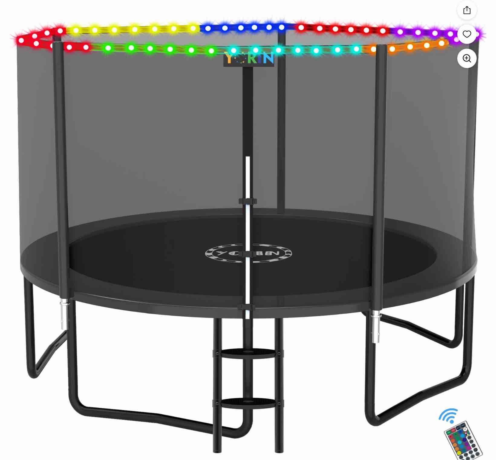 yorin trampoline for 6-7 kids, 14ft 12ft 10ft 8ft trampoline for adults with enclosure net, ladder, 1400lbs weight capacity outdoor round recreational trampoline, heavy duty upgrade trampoline