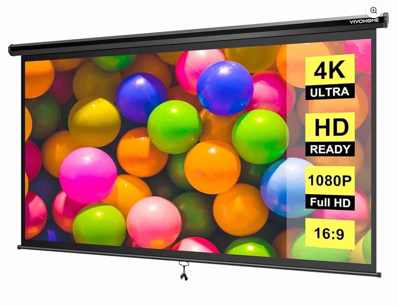 specstar 100 inch manual pull down projector screen  16:9 hd retractable projector screens for movie home theater cinema office video game  black