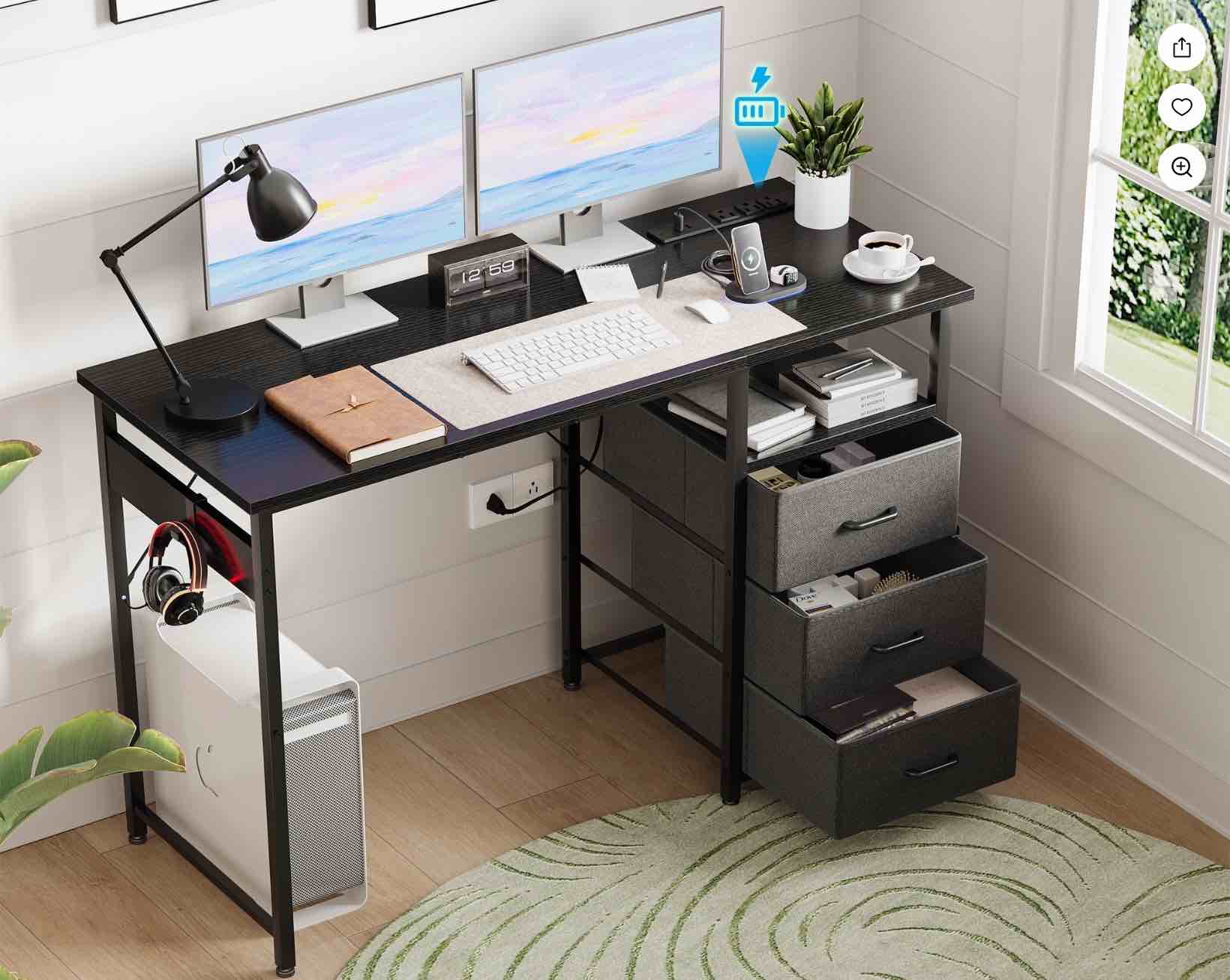 48 inch computer desk with power outlets, home office desk with 3 drawers, writing desk with removable monitor shelf, black