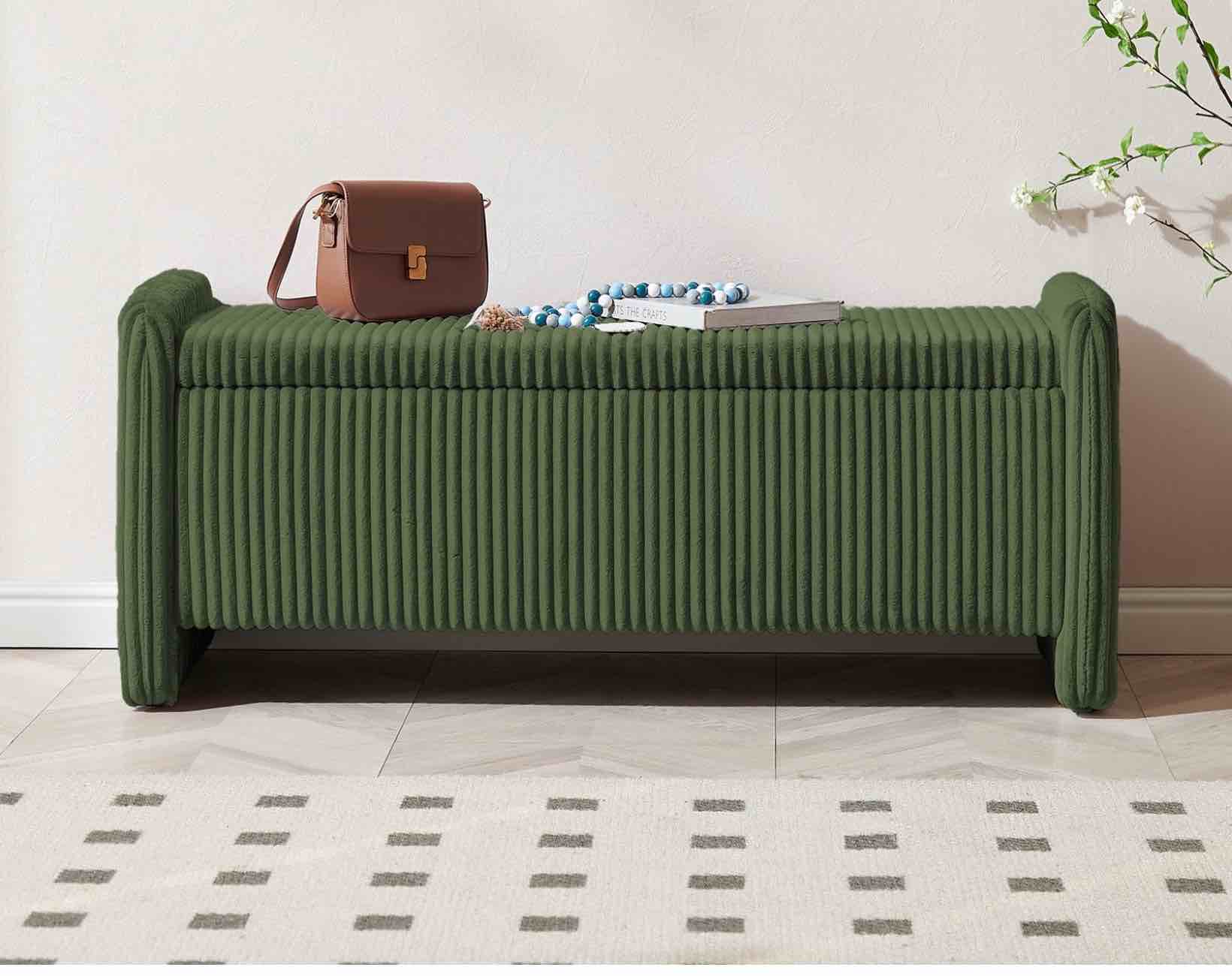 pinmoco 44" storage ottoman bench, upholstered entryway bench with storage end of bed bench for bedroom& living room, olive corduroy