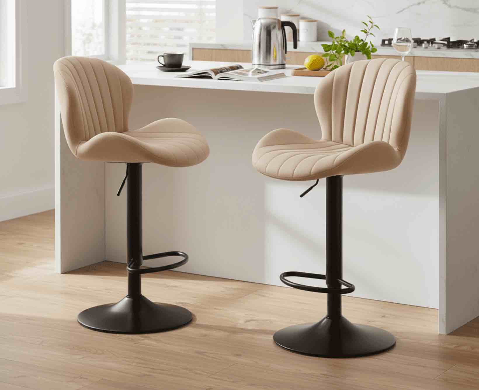 concetta set of 2 swivel bar stools - adjustable height modern fabric upholstered barstools counter bar chairs with backrest for kitchen island & home bar, beige