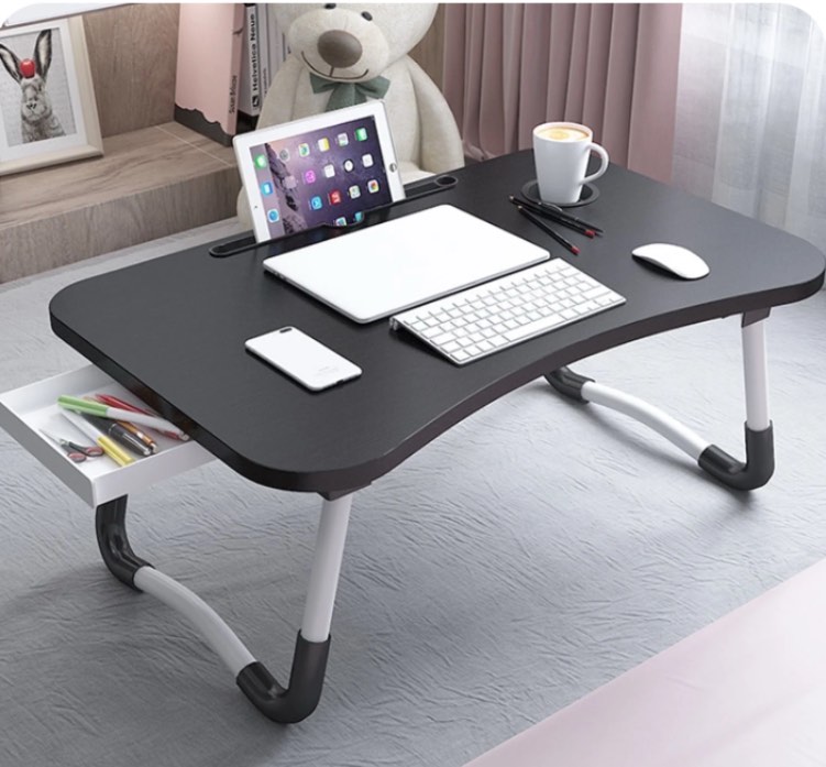 PHANCIR Foldable Lap Desk  23.6 Inch Portable Wood Laptop Desk Table Workspace Organizer Bed Tray with iPad Slots  Cup Holder and Drawer  Anti-Slip for Working Reading Writing  Eating  Watching-Black