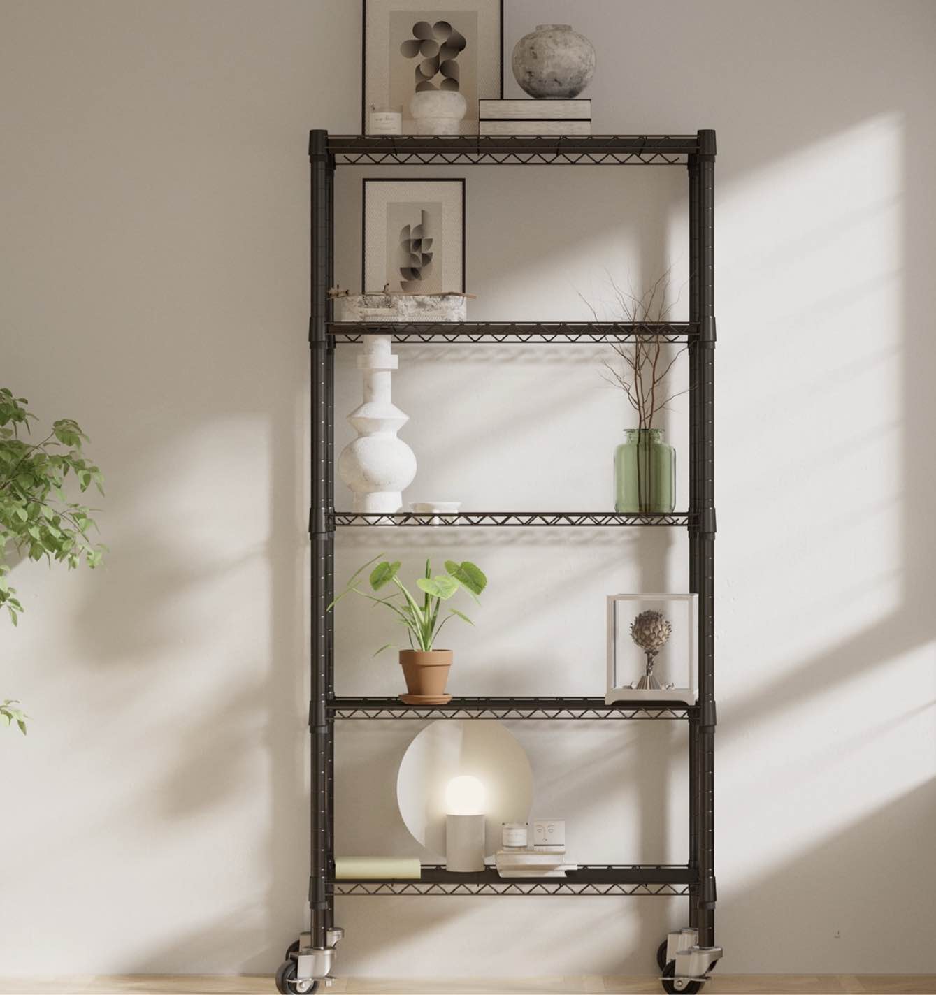 5 tier metal wire shelving with wheels, heavy duty adjustable rolling storage shelves, 14"d x 30"w x 60"h 750 lbs capacity kitchen pantry garage shelves for small spaces