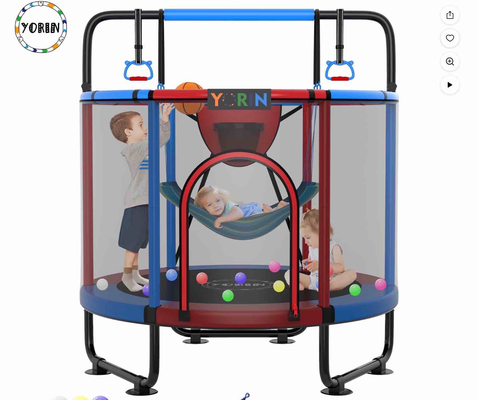 yorin trampoline for kids, 60" 55" 66" toddler mini trampoline with enclosure net, basketball hoop, 5ft indoor/outdoor kids trampoline with swing, adjustable gymnastics bars, gifts for kids, 600lbs