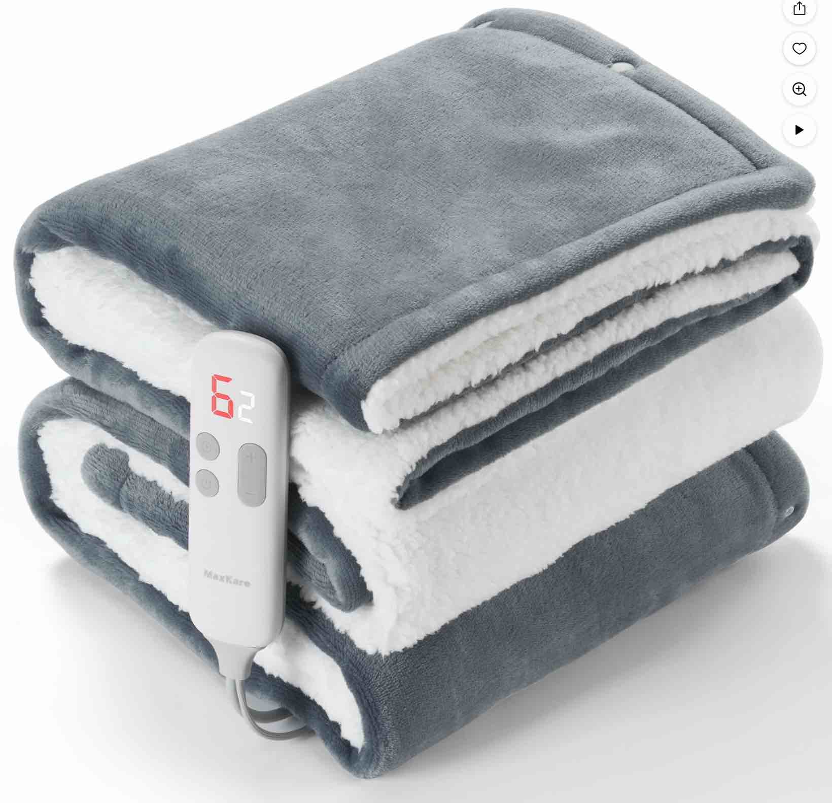 maxkare 50  x 60  electric throw blanket with 6 heating levels & 1-5h auto-off  machine washable flannel & sherpa  gray & white