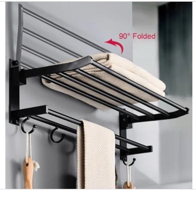 susuzi 24 inch towel rack with towel bar foldable towel holder shelf with movable hooks rustproof aluminum towel storage wall mount for bathroom lavat