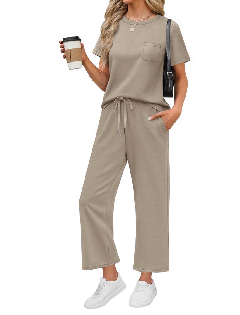 Size L Fantaslook 2 Piece Sets for Women Casual Summer Travel Vacation Outfits Short Sleeve Tops Wide Leg Pants Lounge Sets